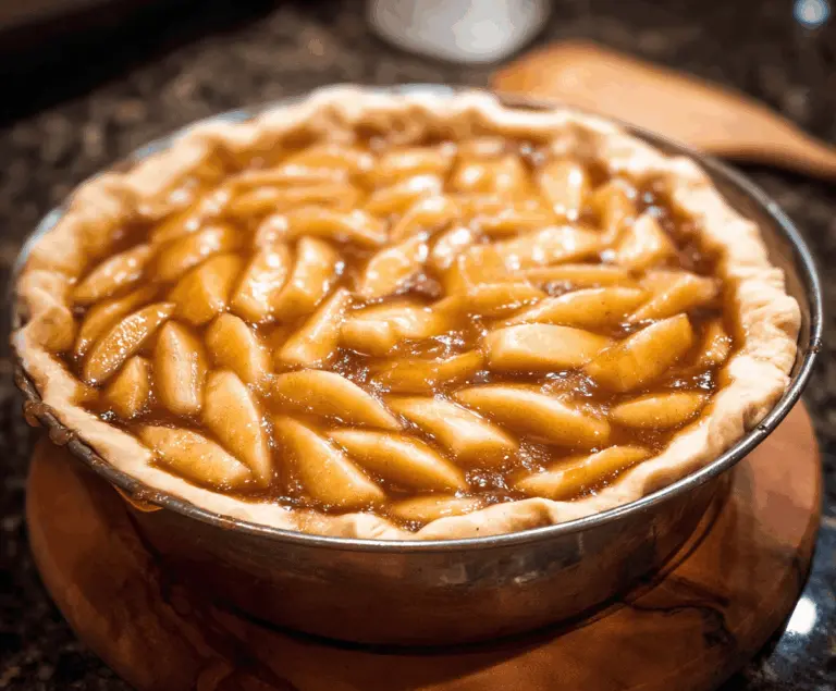 Delicious homemade apple pie with golden crust and fresh apple filling on a rustic wooden table