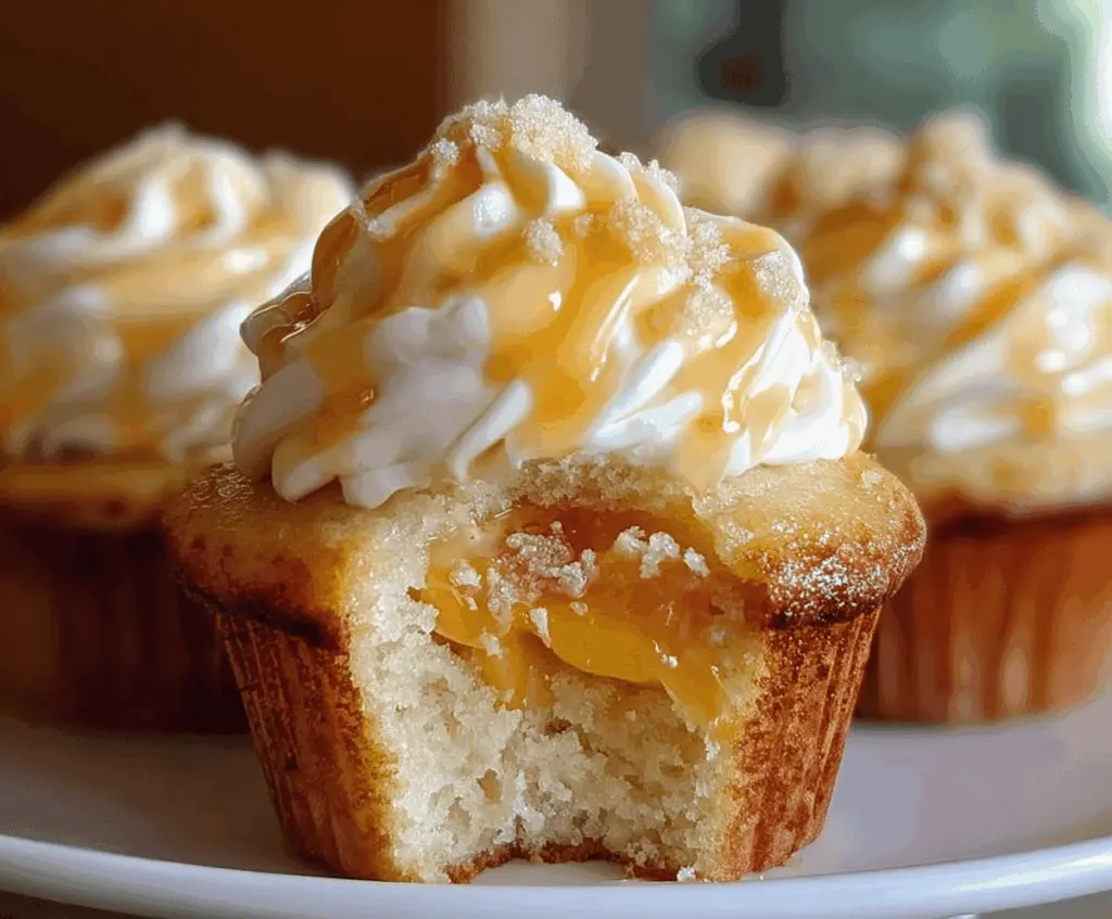 Delicious honey peach cream cheese cupcakes topped with fresh peach slices and a drizzle of honey on a white plate