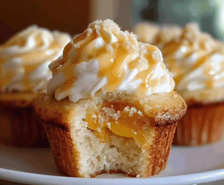 Delicious honey peach cream cheese cupcakes topped with fresh peach slices and a drizzle of honey on a white plate