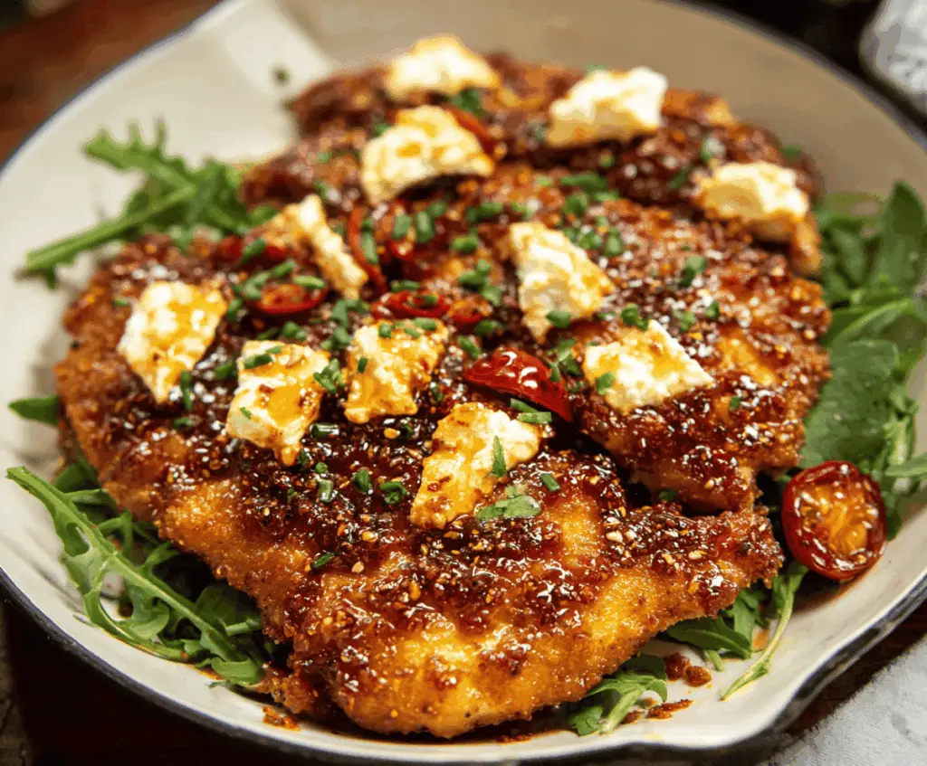 Delicious Hot Honey Feta Chicken served on a plate with garnishes, featuring crispy golden chicken topped with spicy honey glaze and crumbled feta cheese