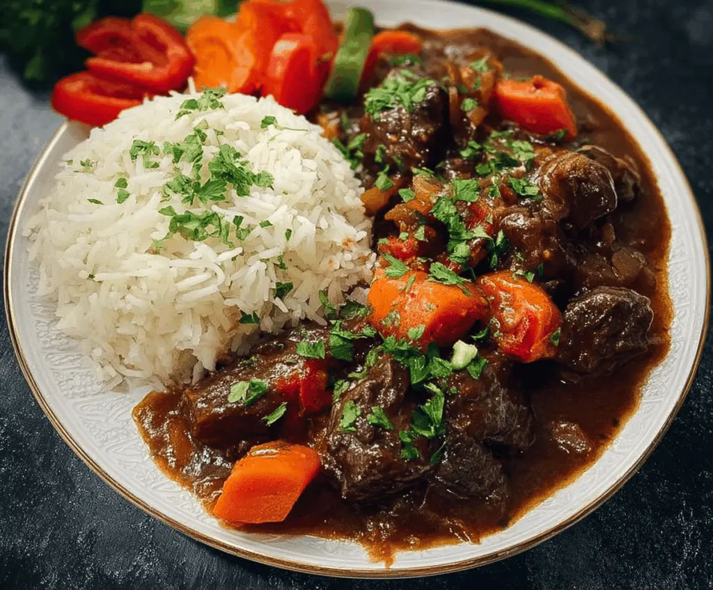 Delicious Jamaican Beef Stew served with fluffy rice, featuring tender beef chunks, savory sauce, and colorful vegetables.