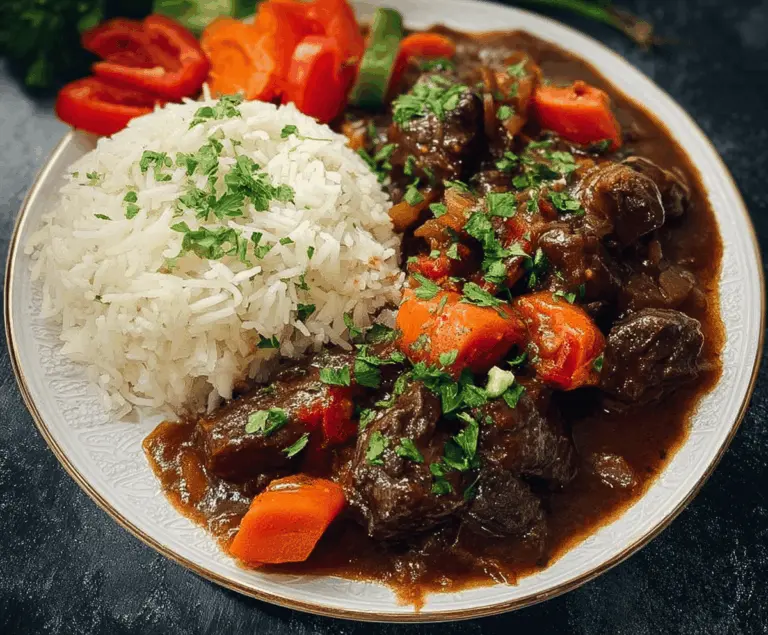 Delicious Jamaican Beef Stew served with fluffy rice, featuring tender beef chunks, savory sauce, and colorful vegetables.