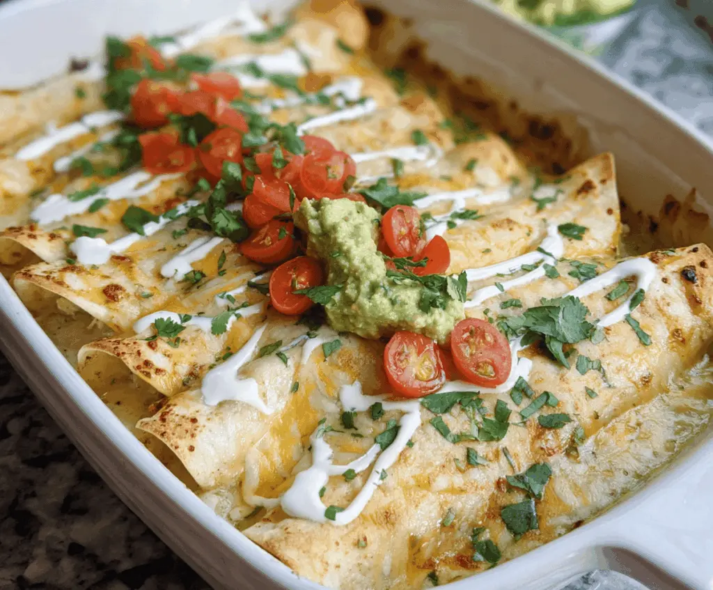 Delicious low carb white chicken enchiladas served with creamy sauce and fresh cilantro on top