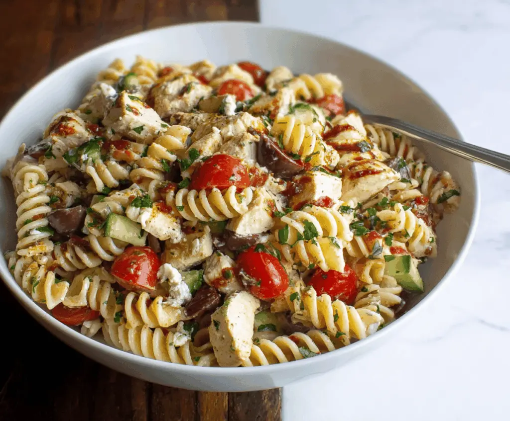 Colorful Mediterranean Chicken Pasta Salad with grilled chicken, cherry tomatoes, cucumbers, olives, feta cheese, and fresh herbs in a vibrant bowl