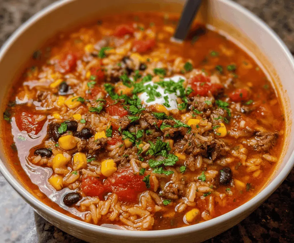 Hearty Mexican Beef and Rice Soup with fresh herbs, vegetables, and tender beef in a flavorful broth