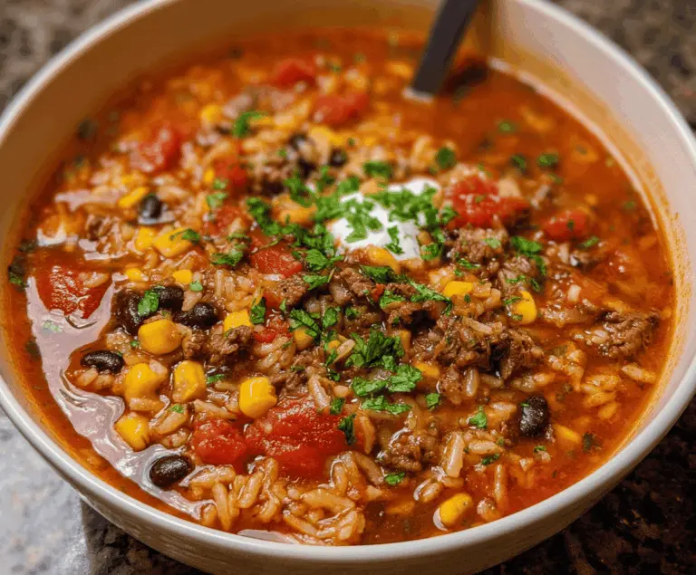Hearty Mexican Beef and Rice Soup with fresh herbs, vegetables, and tender beef in a flavorful broth