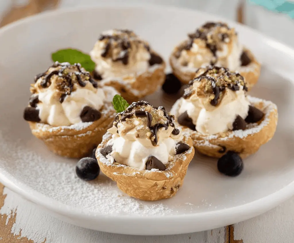 Delicious Mini Cannoli Bites with creamy ricotta filling and chocolate chips on a serving plate