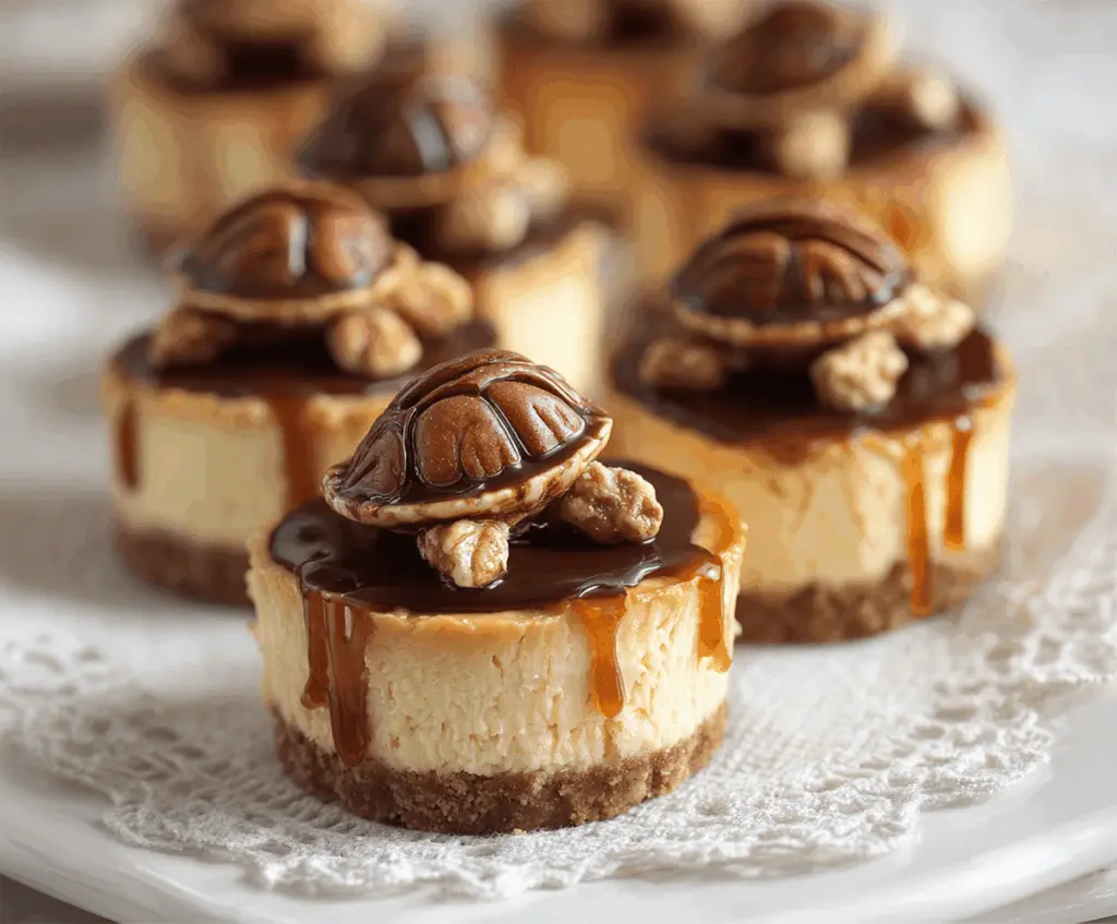 Mini Turtle Cheesecakes with chocolate, caramel, and pecan toppings on a decorative plate