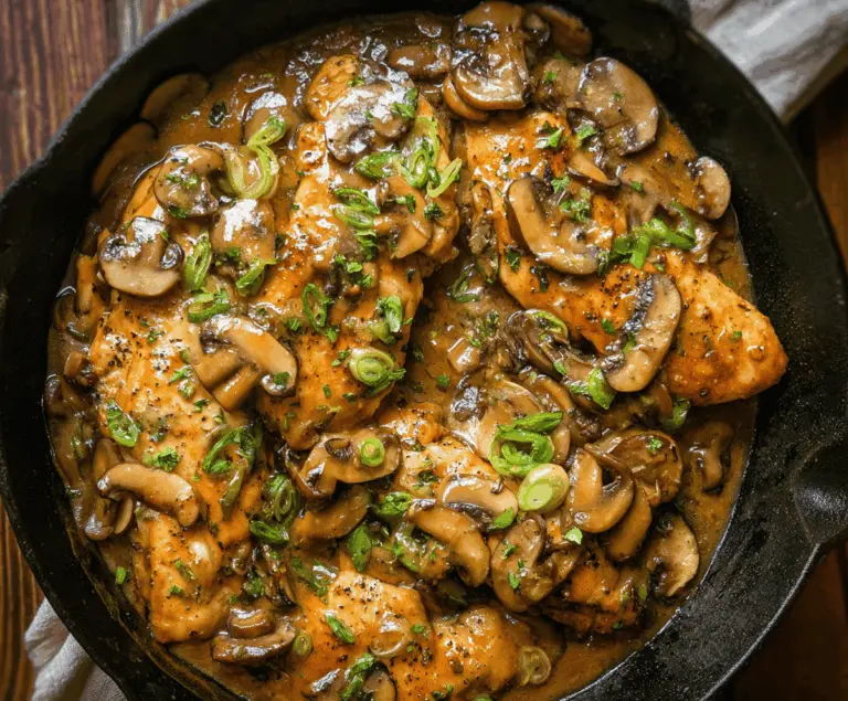 Creamy mushroom chicken served with fresh herbs on a white plate, featuring tender chicken breasts topped with sautéed mushrooms and a flavorful sauce.