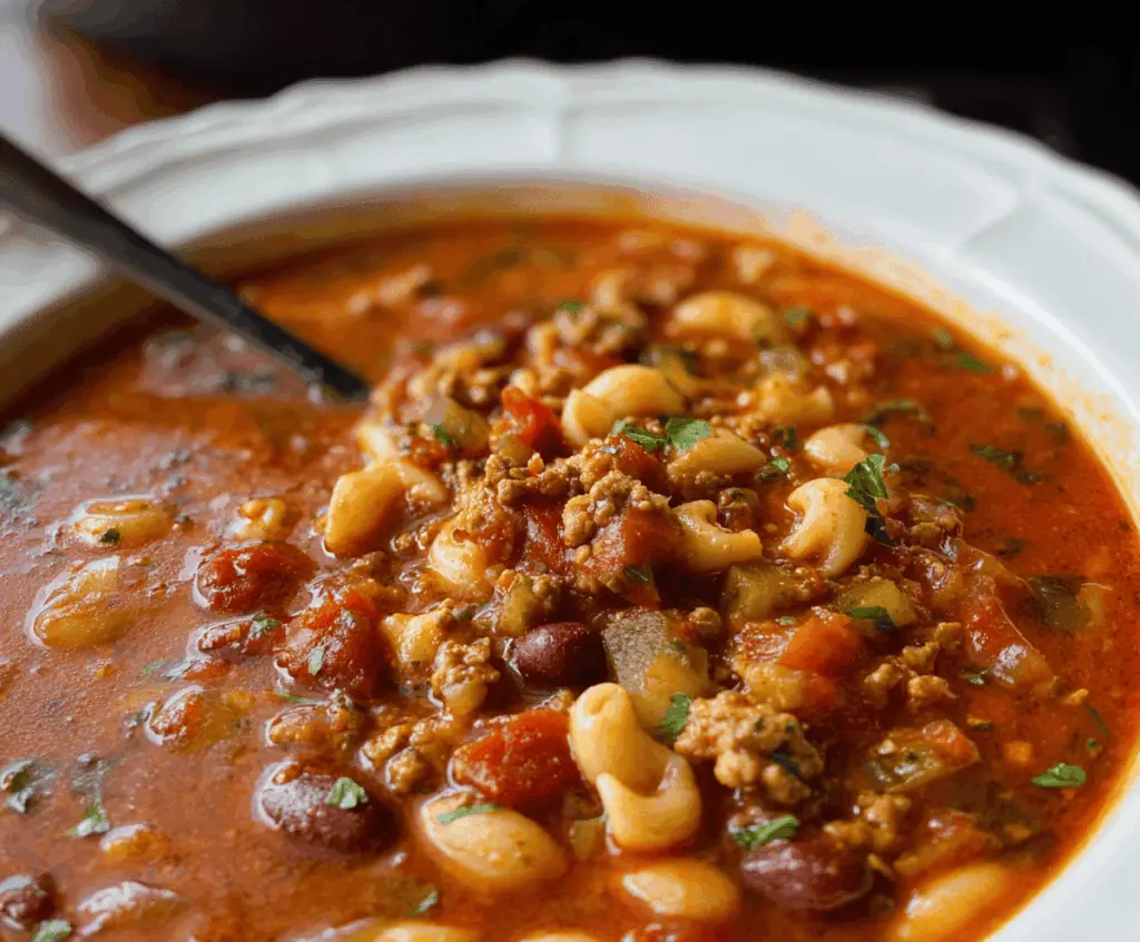 A bowl of Olive Garden Pasta e Fagioli soup featuring beans, pasta, and savory herbs, served in a white bowl on a wooden table.