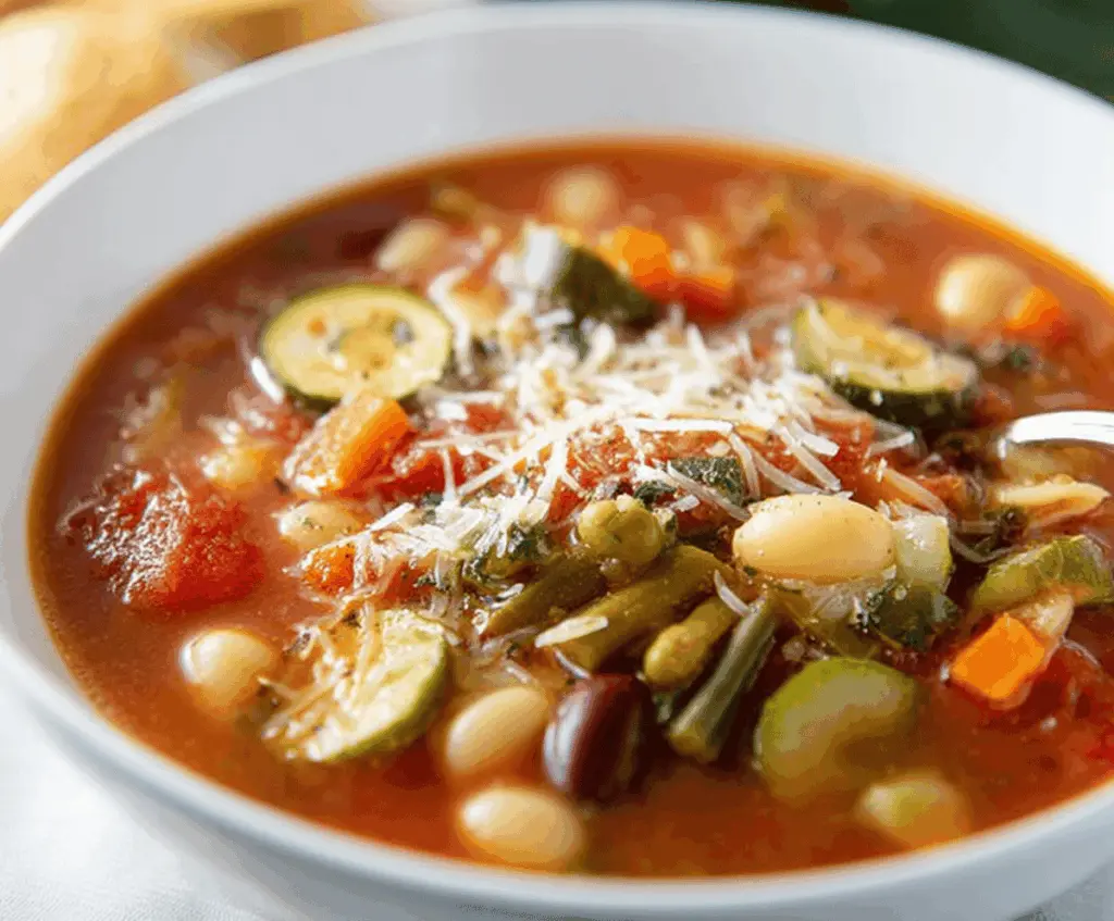 A bowl of hearty Olive Garden-style vegetable soup with fresh vegetables and herbs, served hot in a white bowl.