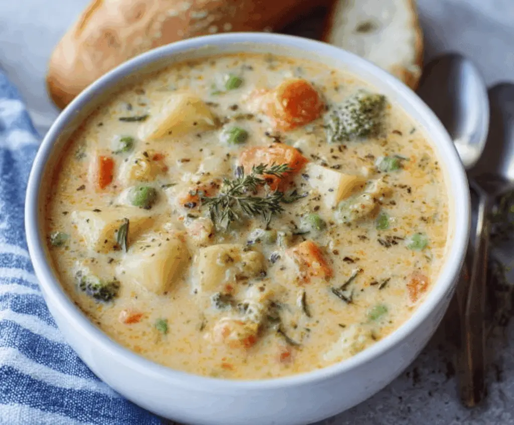 Creamy vegetable soup served in a bowl, featuring colorful chopped vegetables and a smooth, hearty texture in a one-pot recipe.