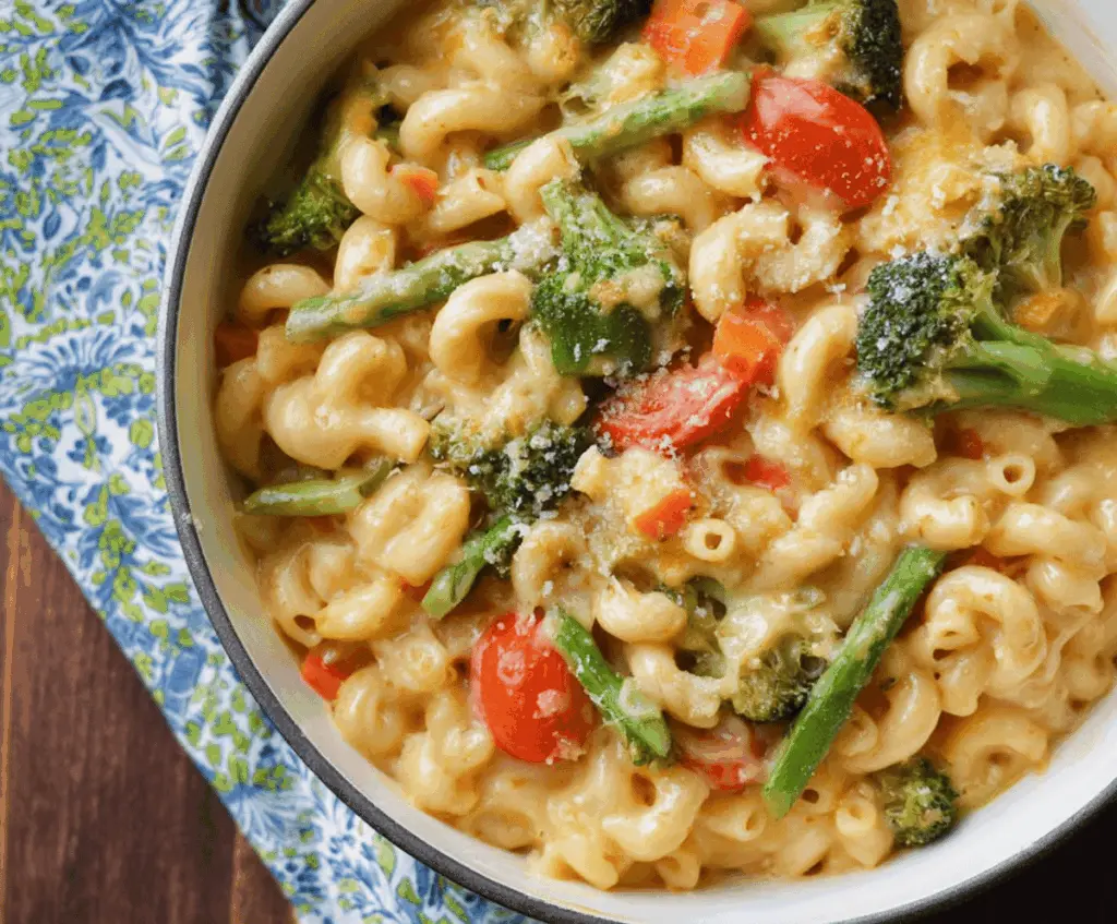 Creamy one pot veggie mac and cheese with colorful vegetables in a skillet, perfect for a quick and healthy meal.