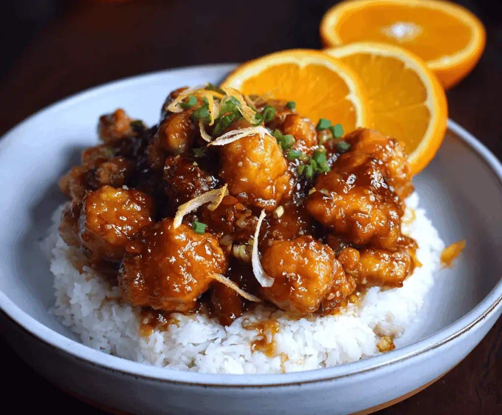 Crispy orange chicken stir-fried with orange zest and sauce, garnished with green onions on a white plate