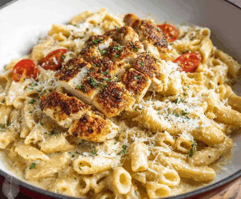 Creamy Parmesan Chicken Pasta dish with grilled chicken, al dente pasta, and melted Parmesan cheese on a white plate.