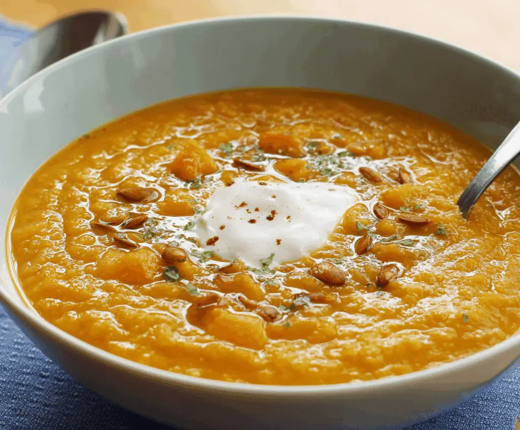Creamy pumpkin curry soup in a bowl garnished with fresh herbs, served with crusty bread on a rustic wooden table.