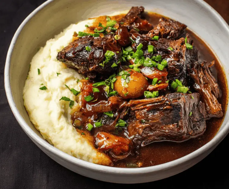 Tender beef braised in rich red wine with herbs and vegetables, served hot on a rustic plate.