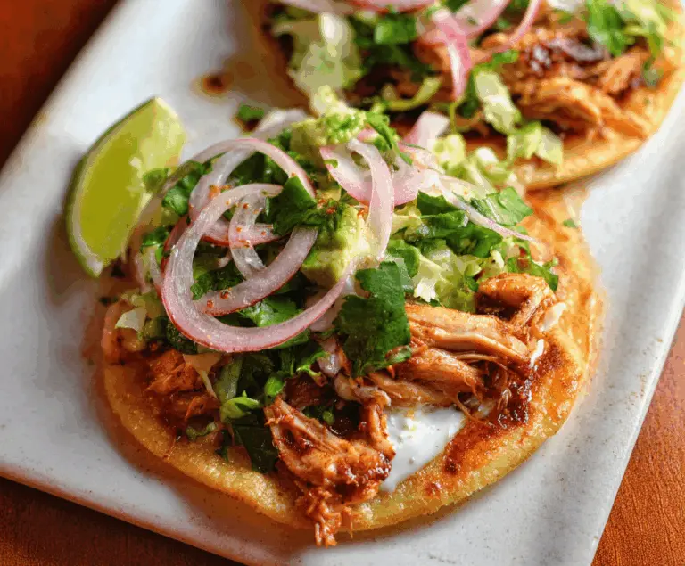 Delicious rotisserie chicken tostadas topped with fresh lettuce, diced tomatoes, shredded cheese, and a drizzle of salsa on a vibrant plate