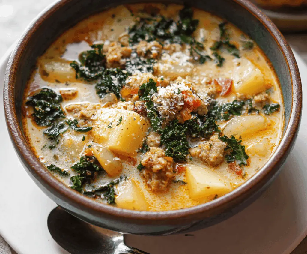 Hearty sausage, potato, and kale soup in a bowl, garnished with fresh herbs, perfect for a comforting meal.