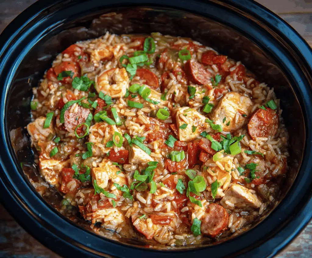 Creamy and flavorful Slow Cooker Chicken Jambalaya with tender chicken, vegetables, and spices served in a hearty dish