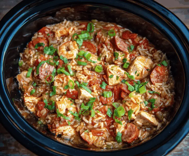 Creamy and flavorful Slow Cooker Chicken Jambalaya with tender chicken, vegetables, and spices served in a hearty dish