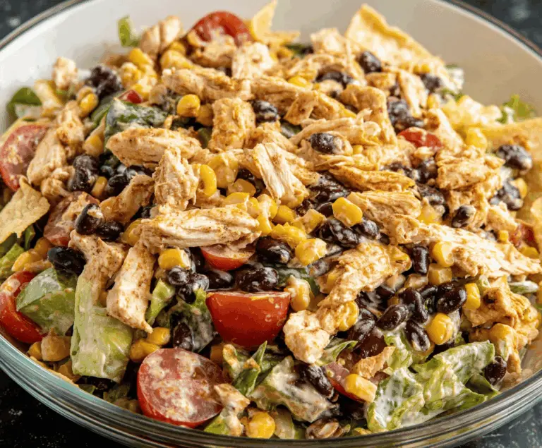 Colorful Southwest Chicken Salad with grilled chicken, black beans, corn, avocado, cherry tomatoes, and fresh greens in a vibrant bowl