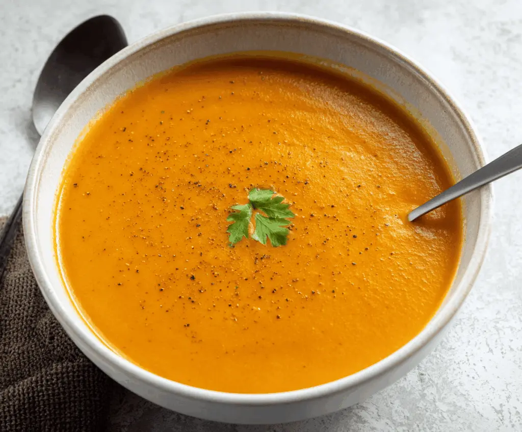 A steaming bowl of Spiced Carrot Ginger Soup garnished with fresh herbs and a drizzle of cream, showcasing vibrant orange color and aromatic spices.