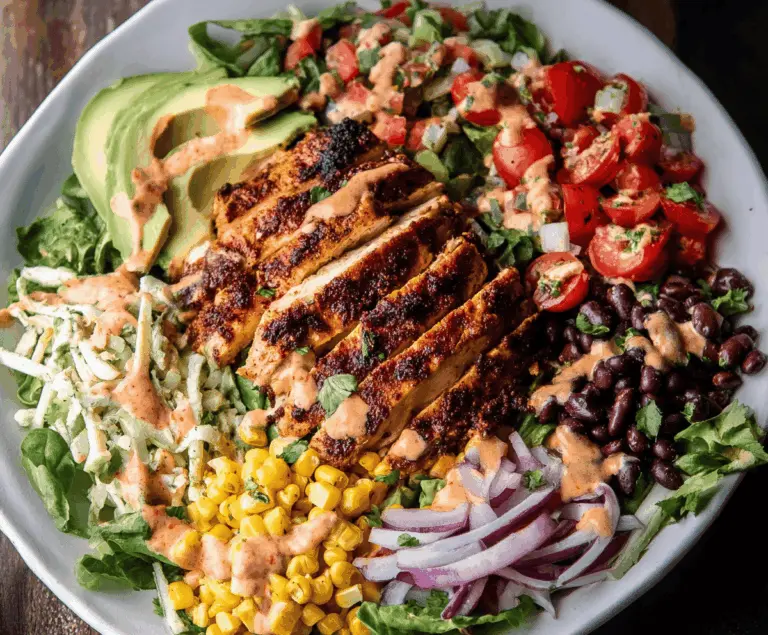 A vibrant spicy Southwest chicken salad with grilled chicken, black beans, corn, diced tomatoes, avocado slices, and fresh cilantro in a bowl