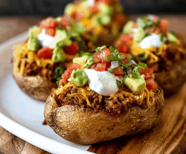 Delicious baked taco potatoes topped with melted cheese, lettuce, tomatoes, and sour cream on a plate, perfect for a flavorful appetizer or side dish.