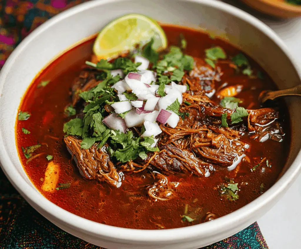 Delicious homemade Mexican Birria stew with tender meat, served with fresh tortillas and garnished with cilantro and lime