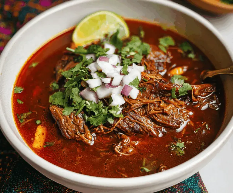 Delicious homemade Mexican Birria stew with tender meat, served with fresh tortillas and garnished with cilantro and lime
