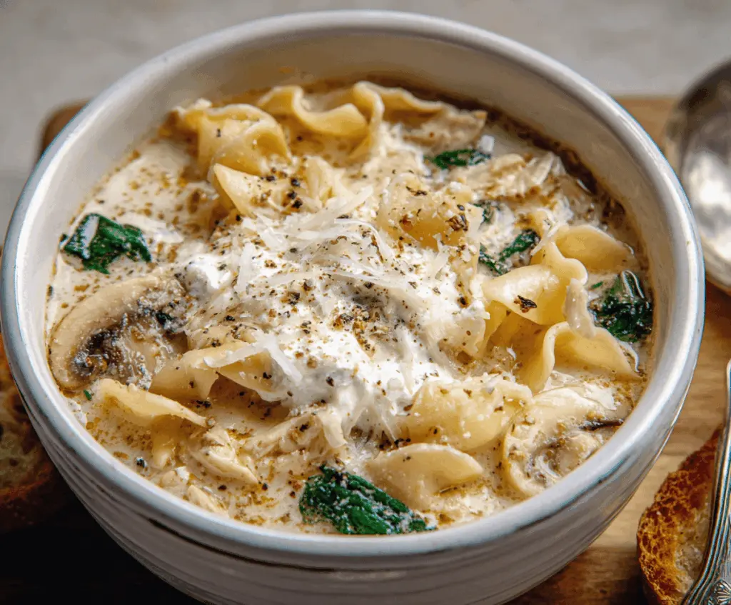 Creamy white lasagna soup topped with melted cheese and fresh herbs in a bowl, served with bread on the side