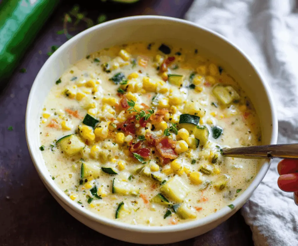 Creamy zucchini and corn chowder served in a bowl with fresh herbs, perfect for a hearty and healthy meal.