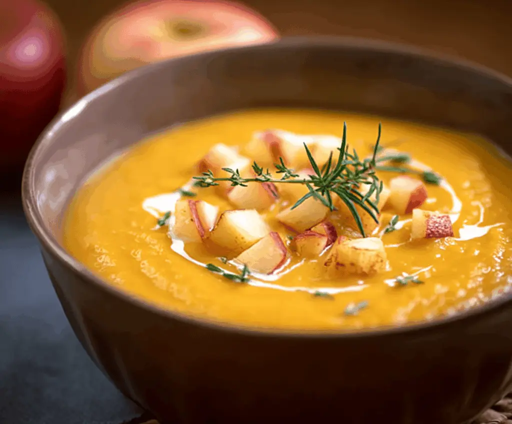 Creamy apple and sweet potato soup garnished with fresh herbs in a white bowl, served with crusty bread on a rustic wooden table.