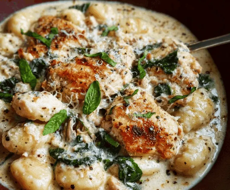 Creamy Asiago Chicken Gnocchi served with melted cheese and fresh herbs on a white plate, showcasing a delicious Italian-inspired pasta dish.