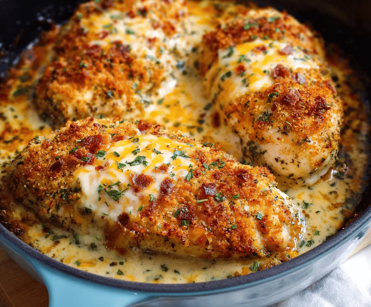 Golden baked ranch chicken breast garnished with fresh herbs on a white plate, served with vegetables, delicious and flavorful homemade baked ranch chicken recipe.