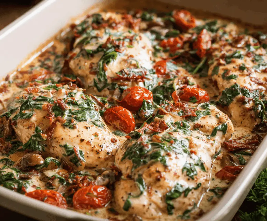 Creamy baked Tuscan chicken casserole with spinach, sun-dried tomatoes, and melted cheese in a baking dish