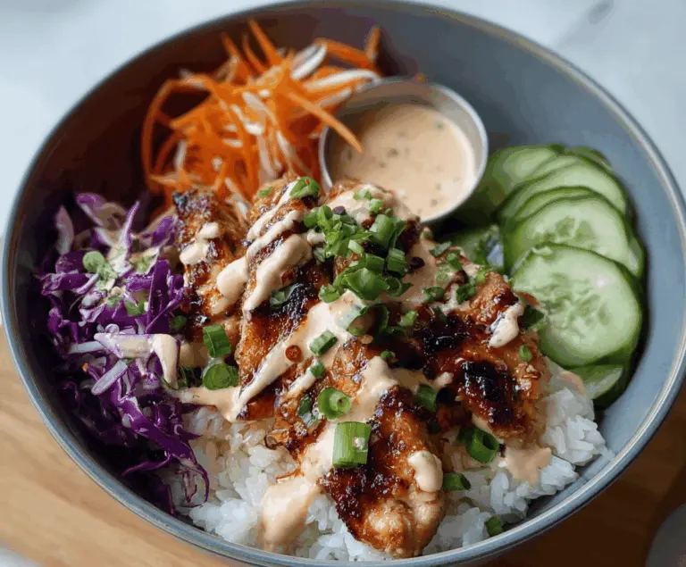 Delicious Bang Bang Chicken Bowl featuring crispy chicken, creamy spicy sauce, fresh vegetables, and garnished with green onions on a vibrant plate