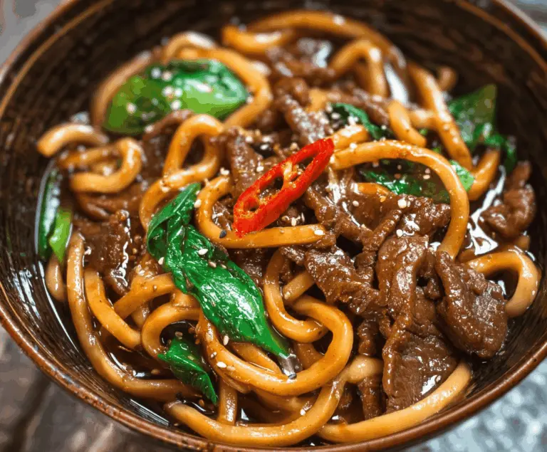 Delicious beef black pepper udon noodles garnished with fresh green onions on a white plate, showcasing a savory Asian-inspired stir-fry dish