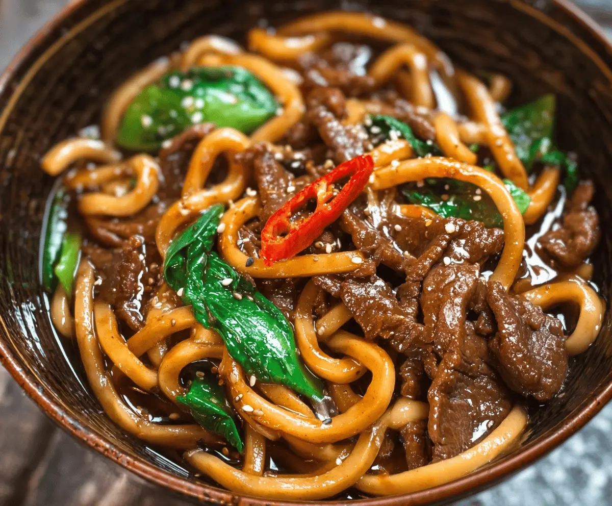 Delicious beef black pepper udon noodles garnished with fresh green onions on a white plate, showcasing a savory Asian-inspired stir-fry dish