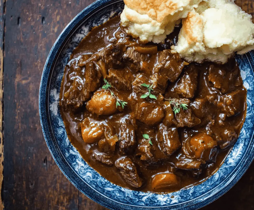 Savory Beef Carbonnade Stew with tender beef chunks, caramelized onions, and rich gravy served in a rustic bowl