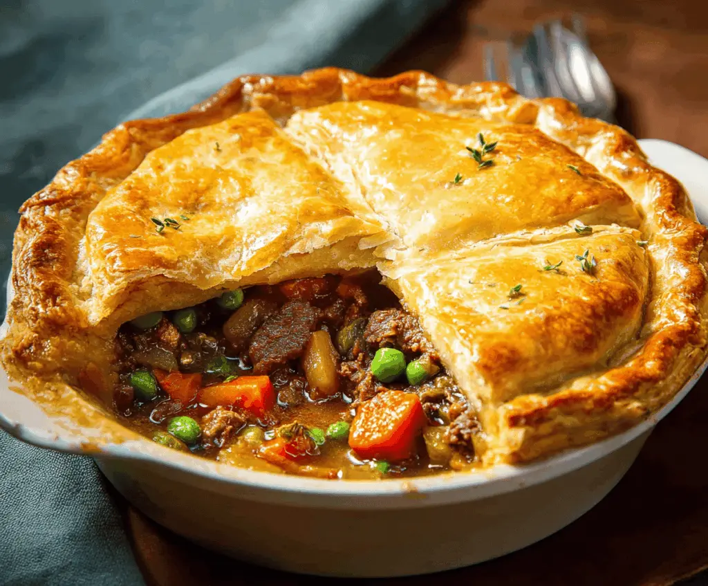 Golden-brown beef pot pie with flaky crust and tender meat filling, served hot on a rustic plate