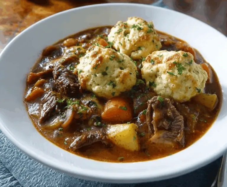 Hearty beef stew with tender chunks of beef, vegetables, and fluffy dumplings served in a rustic bowl.