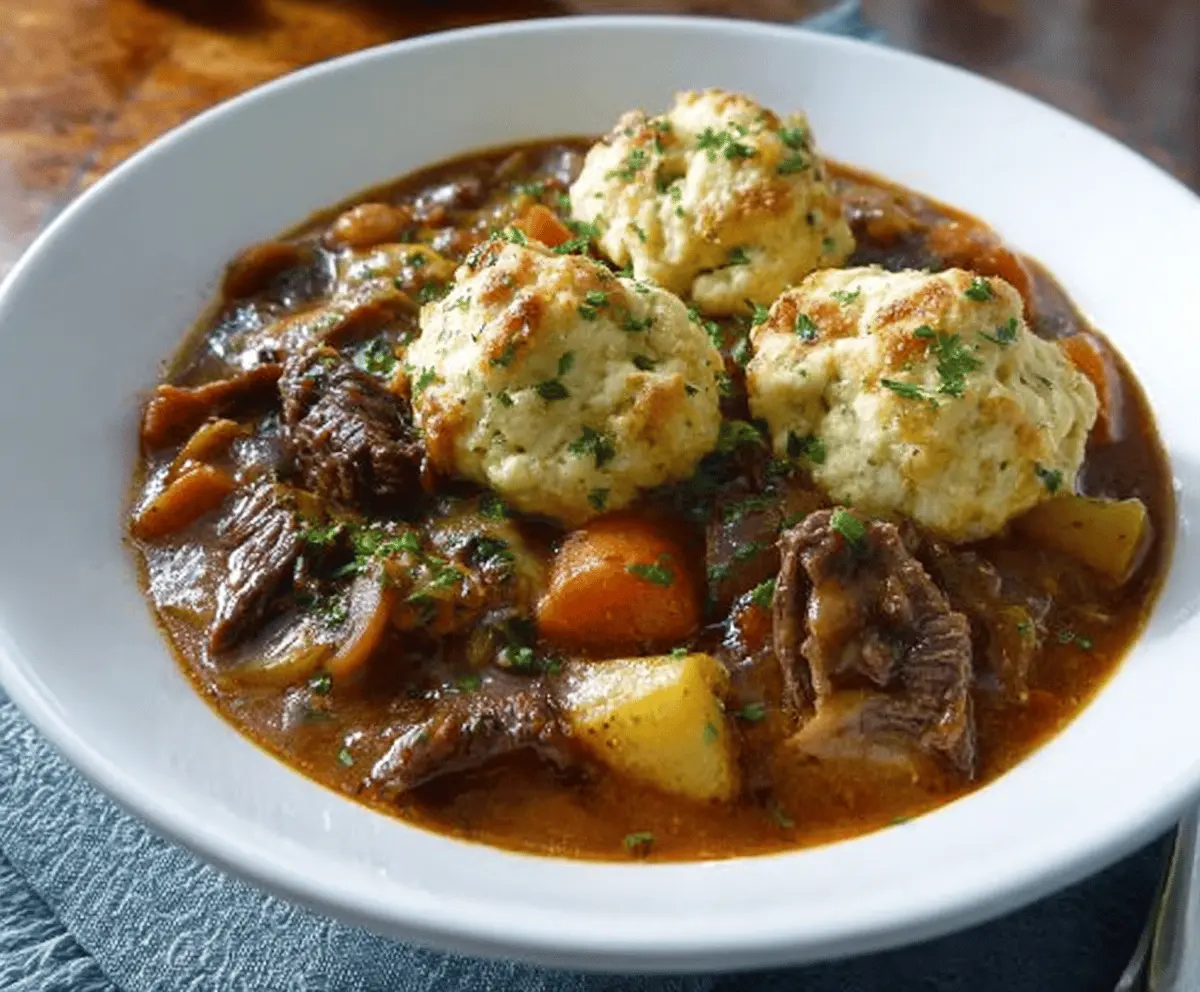 Hearty beef stew with tender chunks of beef, vegetables, and fluffy dumplings served in a rustic bowl.