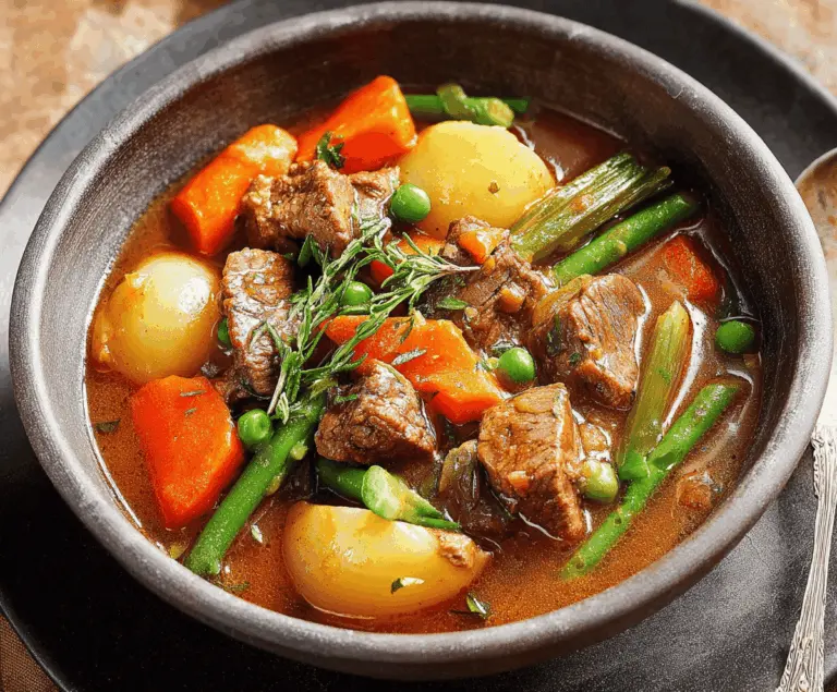 Hearty beef stew with tender beef chunks, carrots, potatoes, and green beans served in a rustic bowl, perfect for comforting meals.