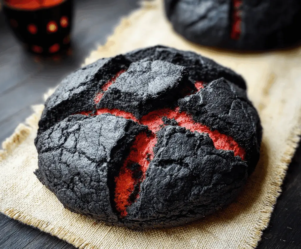 Black Halloween Brimstone Bread topped with spooky black crust and creepy decorations, perfect for Halloween-themed parties