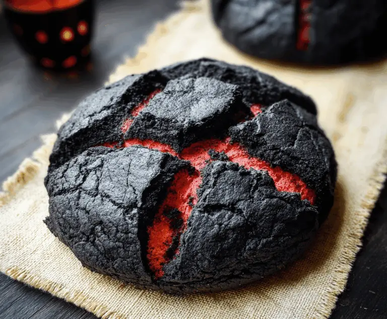 Black Halloween Brimstone Bread topped with spooky black crust and creepy decorations, perfect for Halloween-themed parties