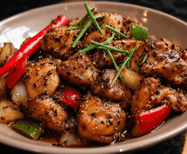 Savory black pepper chicken stir-fry with vibrant vegetables on a white plate, garnished with fresh herbs