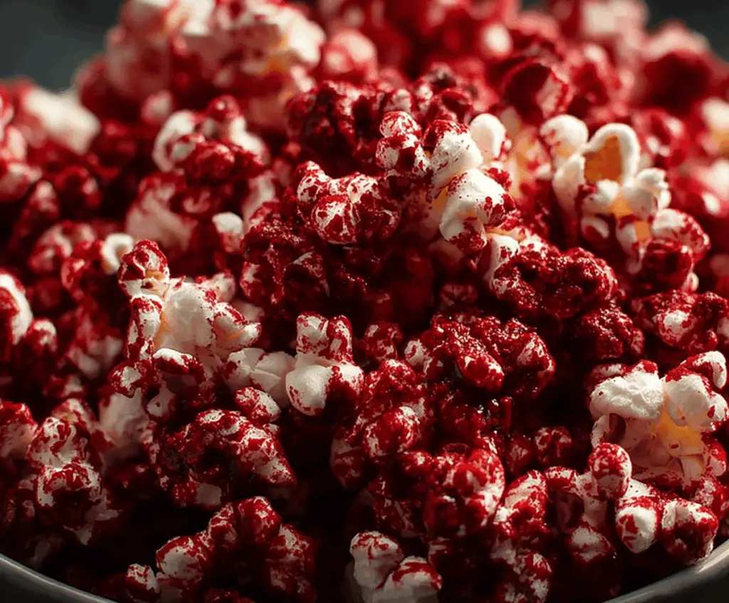 Bright red velvet popcorn topped with cream cheese frosting and sprinkles, perfect for a spooky-themed snack or party treat.