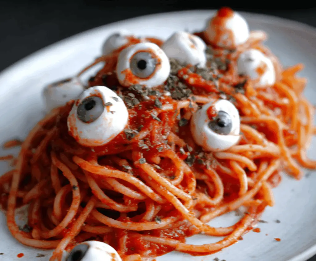 Spaghetti topped with bloody marinara sauce and mozzarella cheese eyeballs for a spooky Halloween-themed meal